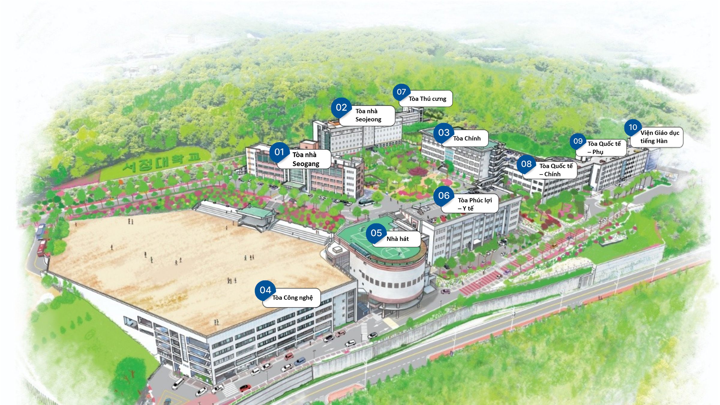 동쪽으로 들어오면 좌측에 공학관이 있고 직진하면 콘서트홀, 보건복지관, 국제관, 국제관 별관과 한국어교육원이 차례로 있습니다. 국제관과 보건복지관 사이의 길로 들어가면 우측에 본관이 있고 정면에 서정관이 있습니다. 본관과 서정관 사이길로 들어가면 반려동물관이 있습니다. 서정관의 좌측에는 서강관이 있고 서강관과 보건복지관 사이길로 들어가면 운동장이 보입니다.